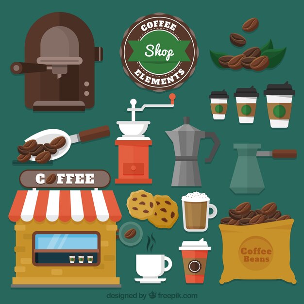 Varios elementos de cafetería en diseño plano 