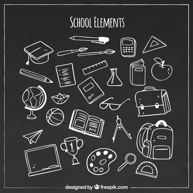 Varios elementos de colegio en estilo de pizarra