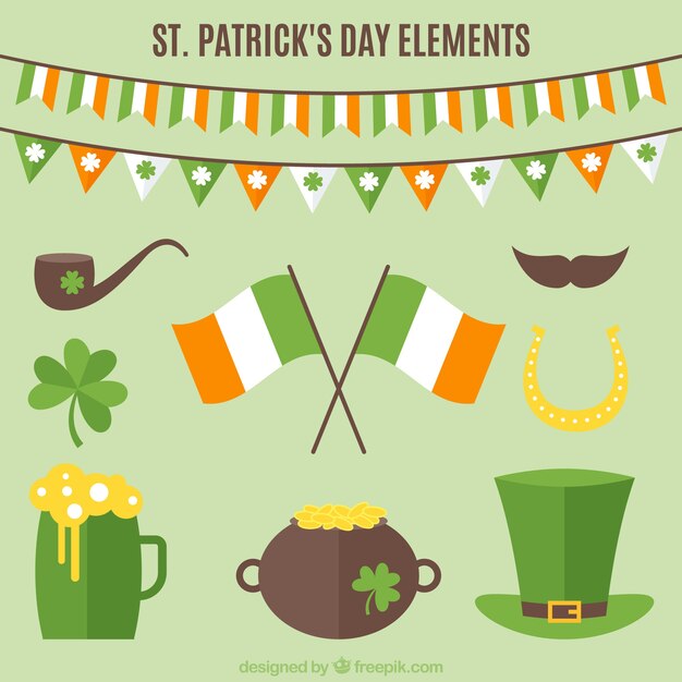 Varios elementos del día de san patricio en diseño plano