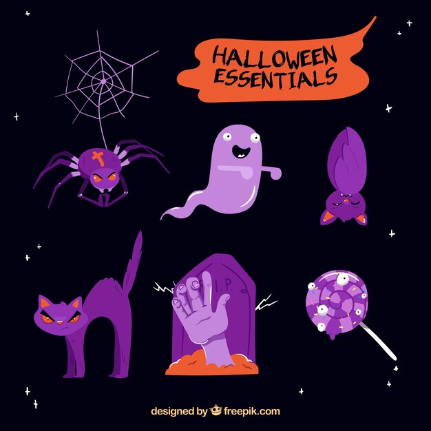 Vector gratuito varios elementos de halloween de color morado