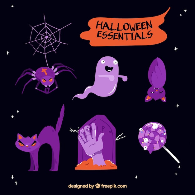 Varios elementos de halloween de color morado