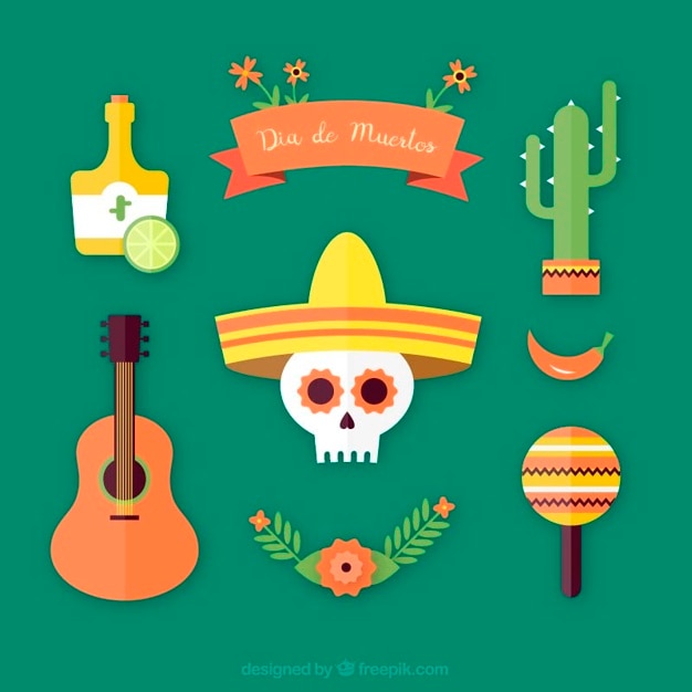 Vector gratuito varios elementos mexicanos del día de los muertos