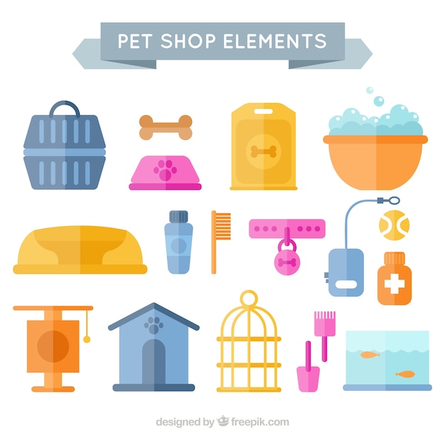 Vector gratuito varios elementos planos de tienda de mascotas