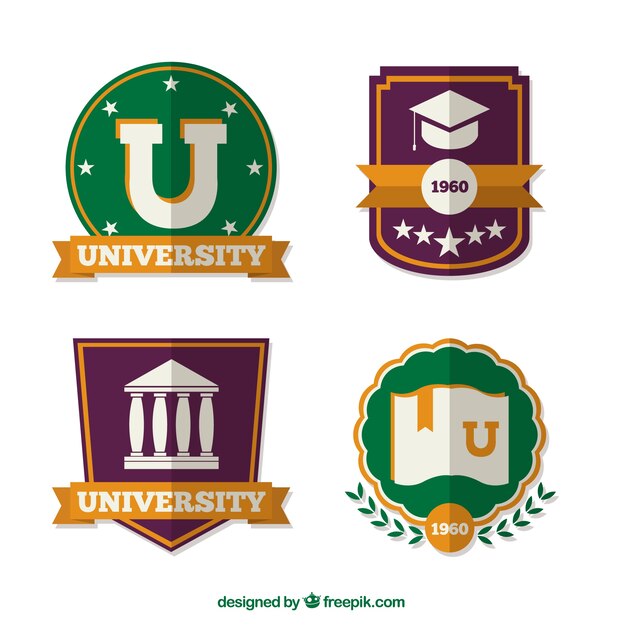 Varios emblemas de universidad en diseño plano
