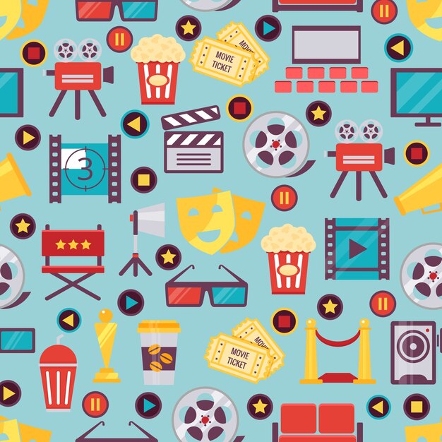 Varios gráficos de cine y películas sin fisuras en azul claro para el diseño de fondo
