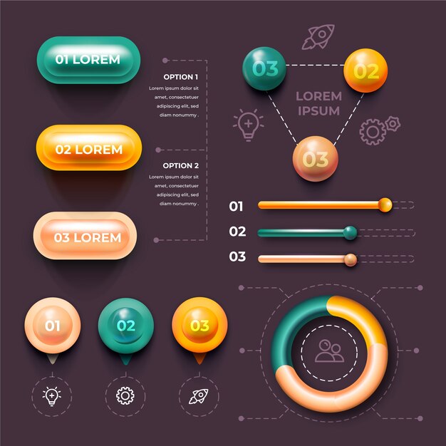 Varios gráficos estadísticos 3d infografía brillante