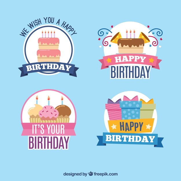 Varios insignias de cumpleaños en diseño plano