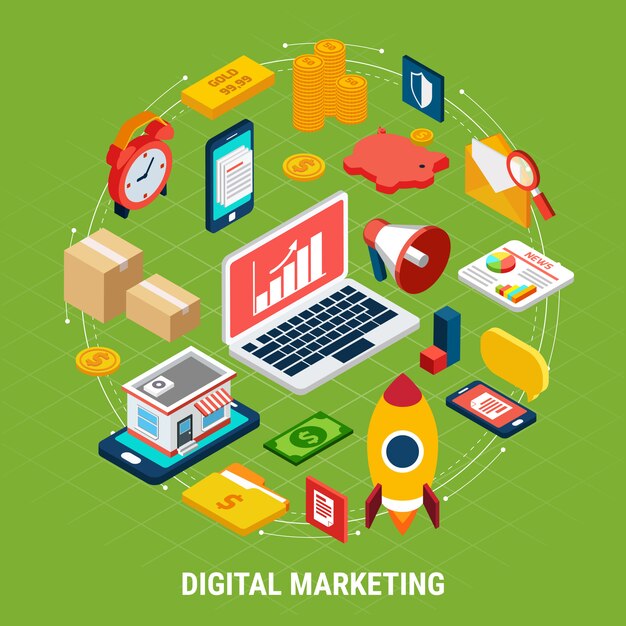 Varios marketing digital en verde ilustración 3d