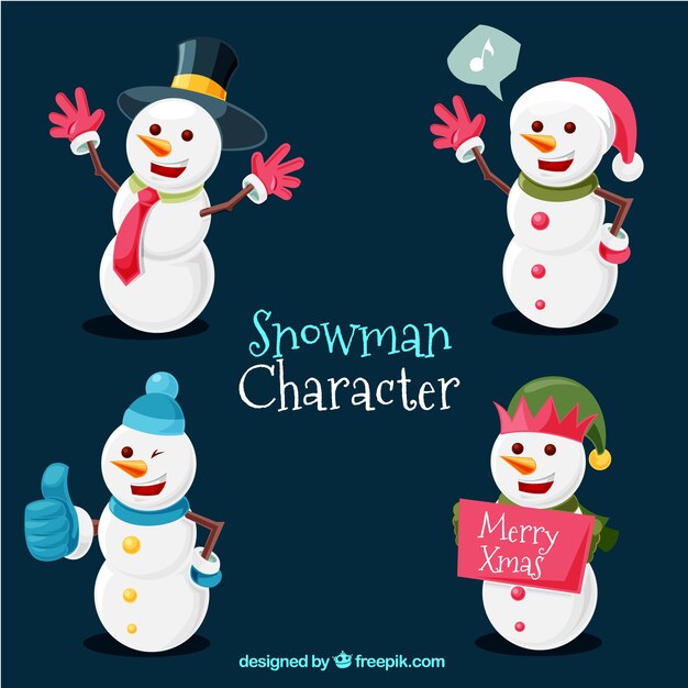 Varios muñecos de nieve con guantes y cartel navideño 