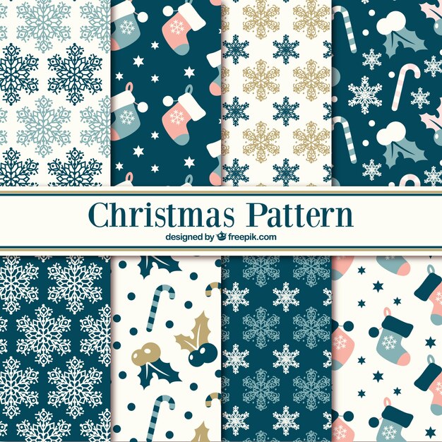 Varios patrones de copos de nieve y ornamentos navideños