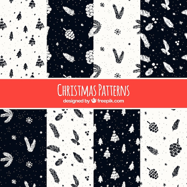 Varios patrones de navidad con bocetos de elementos naturales 
