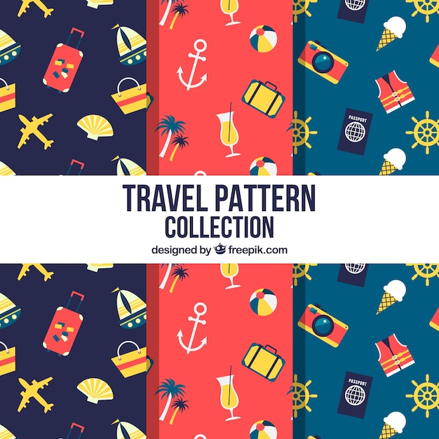 Varios patrones de viaje con elementos en diseño plano