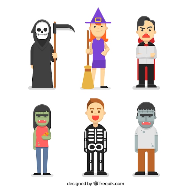 Varios personajes de halloween en diseño plano 