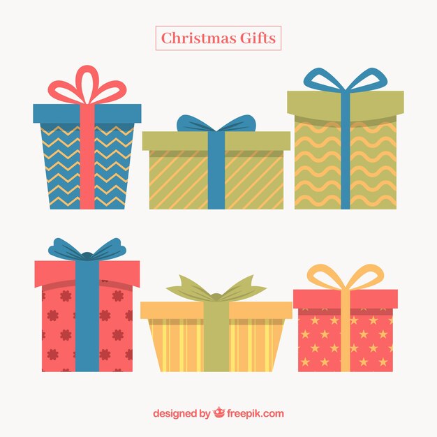Varios regalos bonitos de navidad en diseño plano