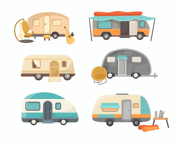 Vector gratuito varios rv o remolques de casa conjunto de ilustración de dibujos animados. furgonetas antiguas, casas móviles o camiones de camping para viajes, aventuras, viajes en vacaciones familiares de verano. camping, campamento, concepto de transporte.