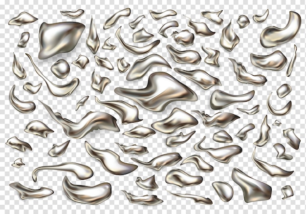 Varios tamaños y formas de metal líquido, aleación preciosa, gotas de plata fundida conjunto de vectores realistas 3d