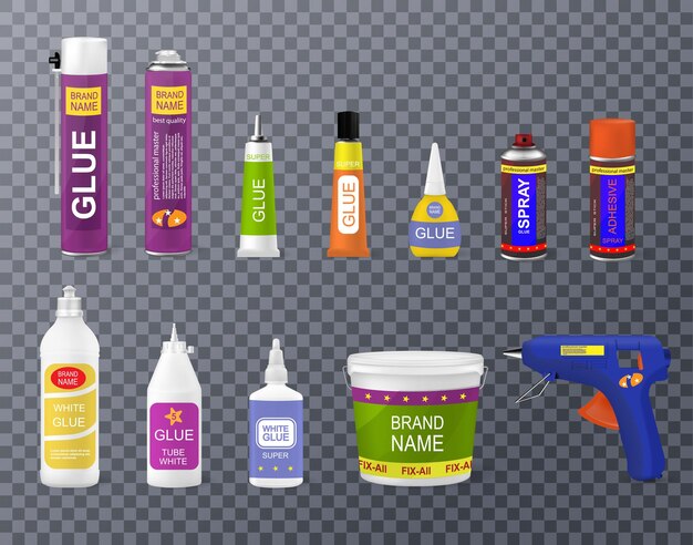 Varios tipos de botellas de pegamento se pegan contenedores con pistola conjunto realista aislado en la ilustración de vector de fondo transparente