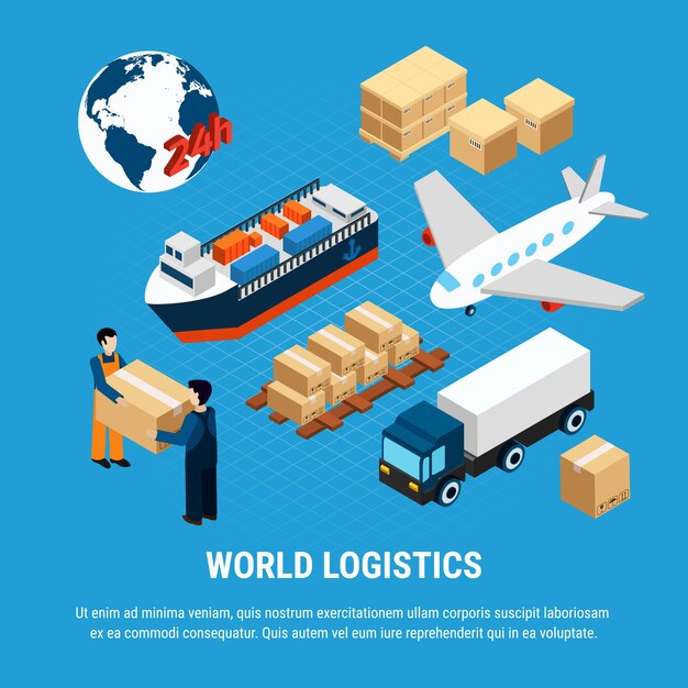 Varios tipos de logística de transporte de carga y servicio de entrega conjunto de trabajadores aislado en azul ilustración isométrica 3d