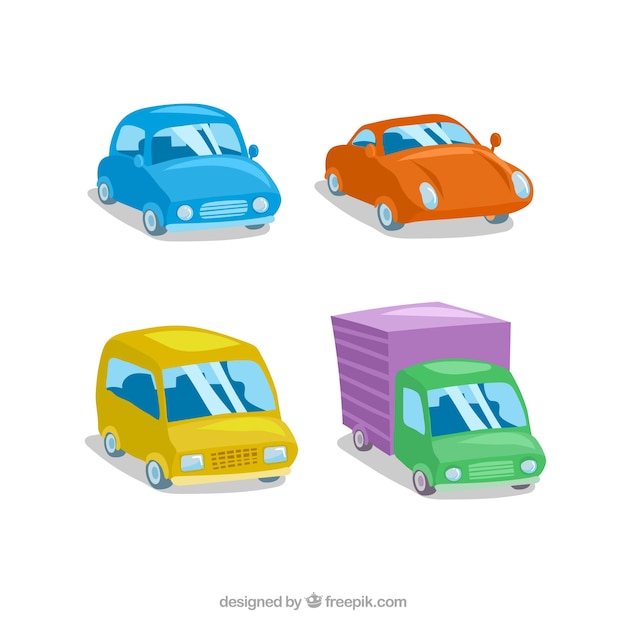 Varios vehículos de colores en diseño isométrico