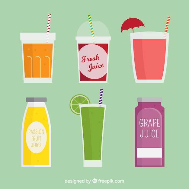 Vector gratuito varios zumos de frutas con diferentes envases