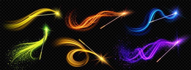 Varita mágica con hechizo de mago brillo vector de luz Mago efecto de rastro de brillo de hadas con palo de madera sobre fondo negro Fantasía espiral vórtice brillo aislado Cuento de hadas abracadabra deseo línea de neón