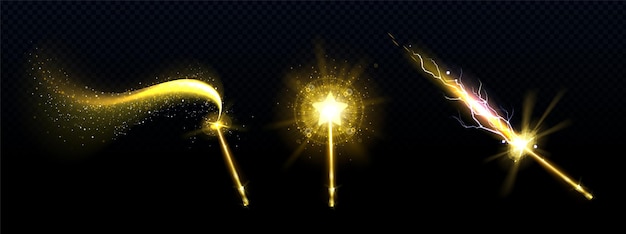 Varita mágica de oro con destellos de estrellas y hechizos aislados en transparente