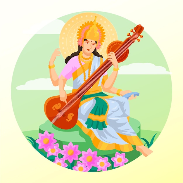 Vector gratuito vasant panchami festival saraswati diosa diseño plano