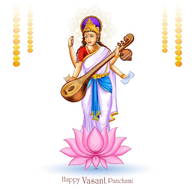 Vector gratuito vasant panchami en el fondo de la tarjeta religiosa del dios indio saraswati maa