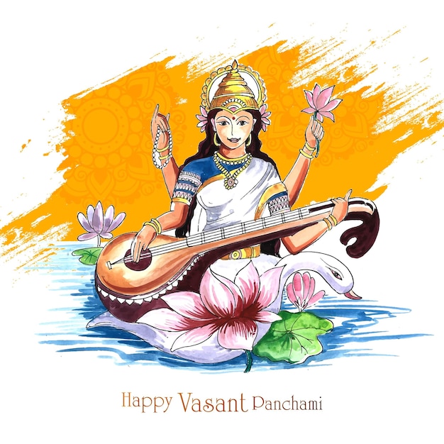 Vasant panchami sobre el fondo de la tarjeta de celebración del dios indio saraswati maa