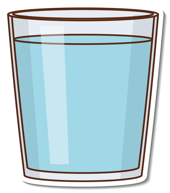 Vaso de agua de la etiqueta engomada sobre fondo blanco