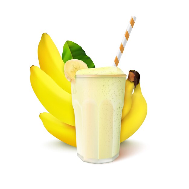 Vaso de batido de plátano con una composición realista de rebanadas y paja con un montón de frutas sin pelar e ilustraciones de vectores de hojas verdes