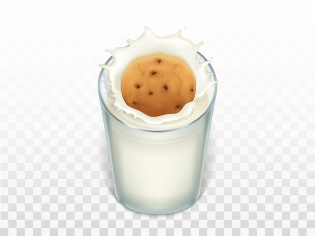 Vector gratuito vaso con leche, galleta de avena, salpicaduras en la taza. maqueta de postre dulce