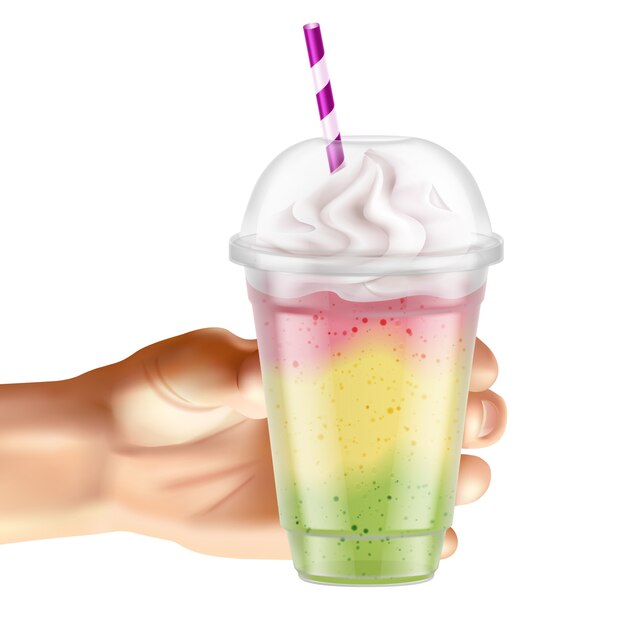 Vaso de plástico transparente con cóctel de frutas en la mano ilustración realista