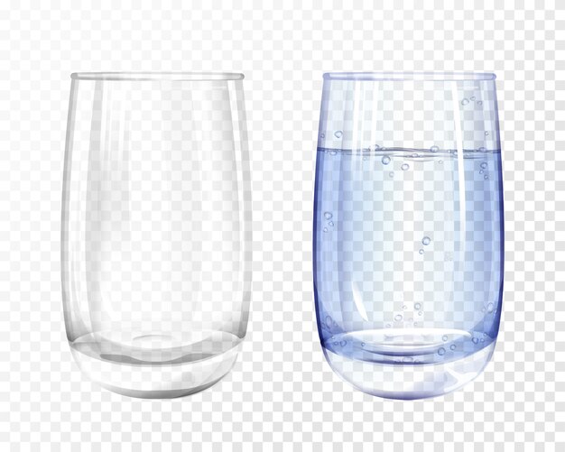 vaso realista vacío y taza con agua azul sobre fondo transparente.