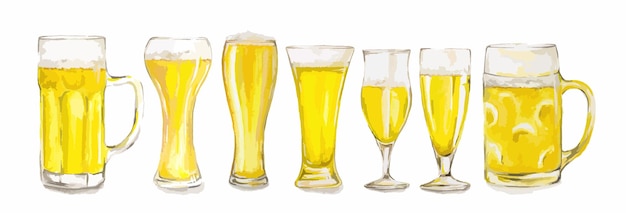 Vasos de cerveza acuarela sobre fondo blanco. Diferentes tipos aislados de vasos de cerveza.