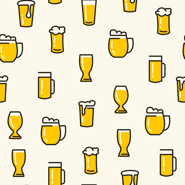 Vasos de cerveza de patrones sin fisuras con diferentes tipos de vasos sacaron cervezas ligeras en el blanco