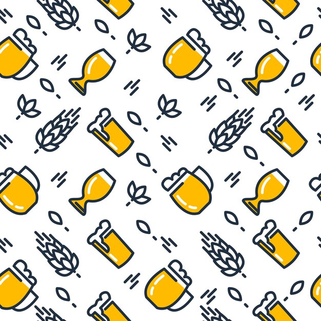 Vasos de cerveza de patrones sin fisuras con diferentes tipos de vasos sacaron cervezas ligeras y maltas dibujo a mano en el blanco