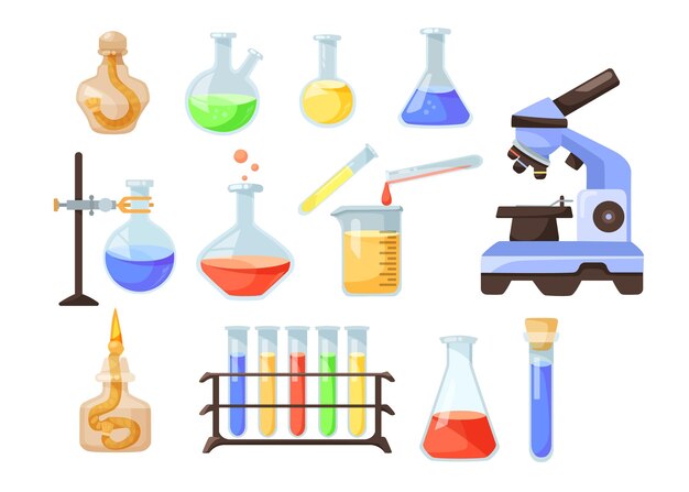 Vasos y quemadores con colorido juego de colección de dibujos animados líquidos. Uso de frascos de vidrio para realizar análisis químicos o experimentar y hacer pociones. equipo de laboratorio, laboratorio, concepto de química