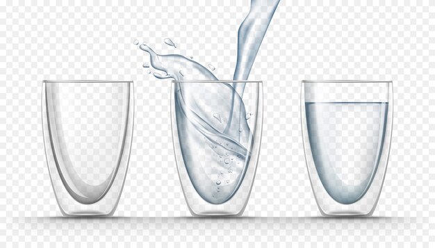 Vasos de vidrio transparente con agua dulce en estilo realista
