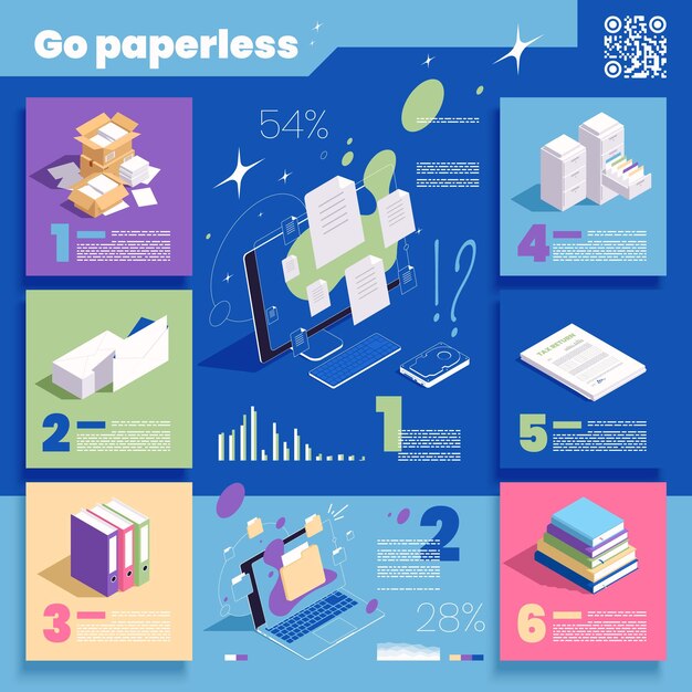 Vaya infografía isométrica del concepto sin papel con documentos en papel y datos digitales sobre fondo de color ilustración vectorial 3d