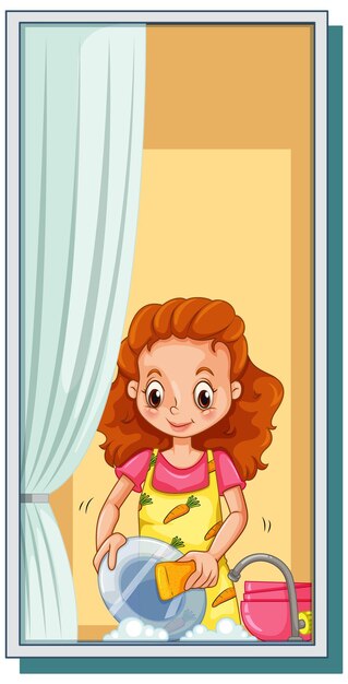 Ve a través de la ventana de una mujer lavando platos