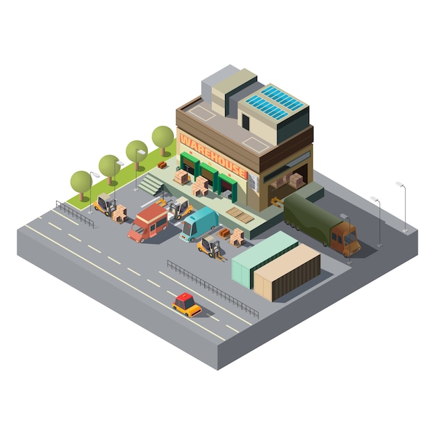 Vector 3d almacén isométrico, camiones para envío