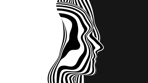 Vector 3D cabeza humana abstracta hecha de rayas blancas y negras Ilustración de superficie de ondulación monocromática Perfil de cabeza en rodajas Diseño de diseño minimalista para presentaciones de negocios, volantes, carteles