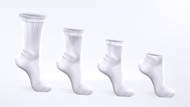 Vector 3d deportes blancos realistas y calcetines blancos casuales de diferentes longitudes