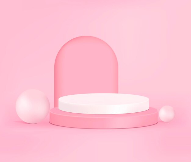 Vector 3d Podio de visualización de productos con perlas sobre fondo rosa, podio de representación 3D.