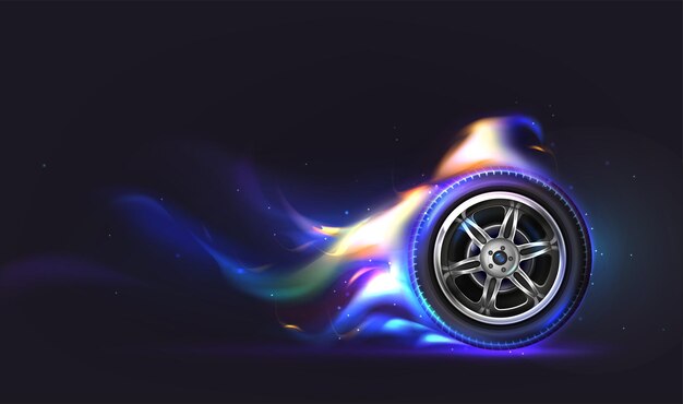 Vector 3d rueda de coche de goma realista en llamas en movimiento rápido