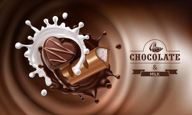 Vector 3D salpicaduras de chocolate derretido y la leche con caída pieza de barra de chocolate y dulces