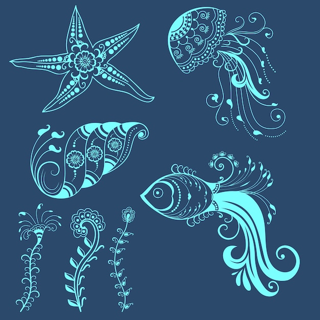 Vector abstractas criaturas marinas en el estilo mehndi indio. Resumen henna floral ilustración vectorial. Elemento de diseño.