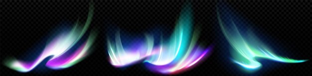 Vector aislado de la luz del cielo de la aurora del cielo de Northers sobre fondo transparente Ilustración del efecto de superposición de la galaxia norte boreal abstracta Diseño de brillo de rayos astrales del arco iris azul y púrpura verde