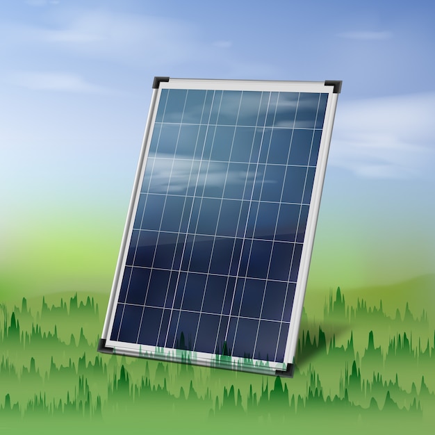 Vector aislado panel solar de cerca sobre la hierba verde sobre el azul cielo nublado